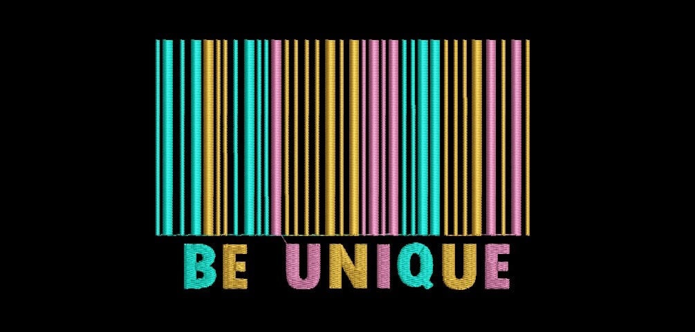 Be Unique machine embroidery design, barcode embroidery, 3 Sizes, digitized embroidery pattern, instant download