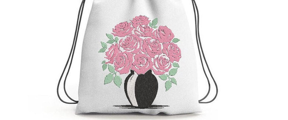 bouquet vessel machine embroidery design, flower vase embroidery, 8 sizes, digitized pattern, instant download, Pes file